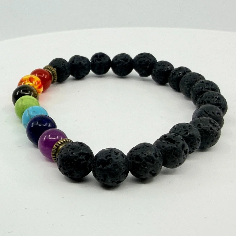 Vintage Modern Chakra Lava Rock Beaded Stretch Bracelet - Healing Stones